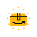 A shipping parcel with a curved delivery arrow, surrounded by twelve European stars.