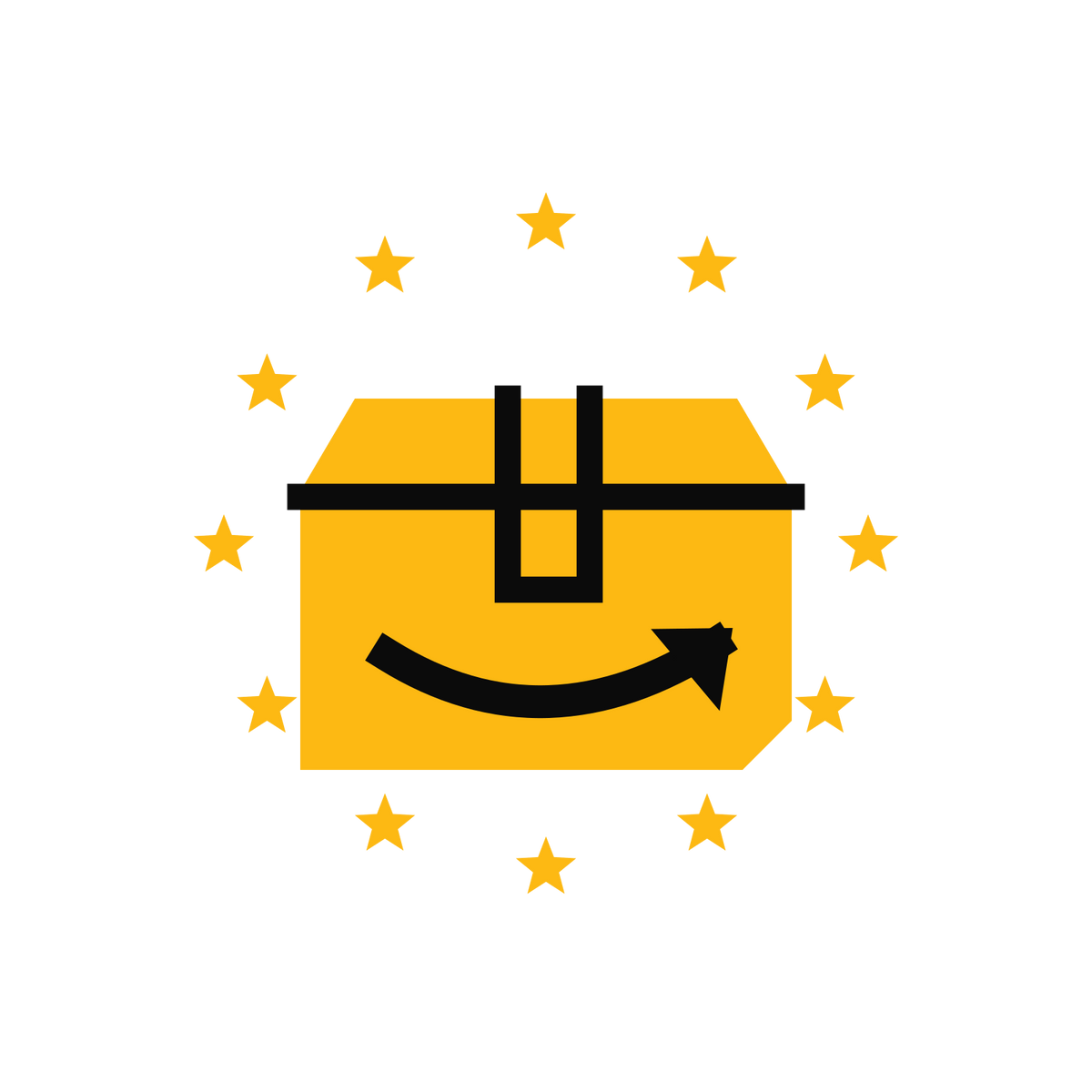 A shipping parcel with a curved delivery arrow, surrounded by twelve European stars.