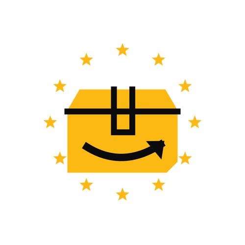 A shipping parcel with a curved delivery arrow, surrounded by twelve European stars.
