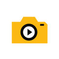 A camera with a play symbol in its lens for photo and video production.
